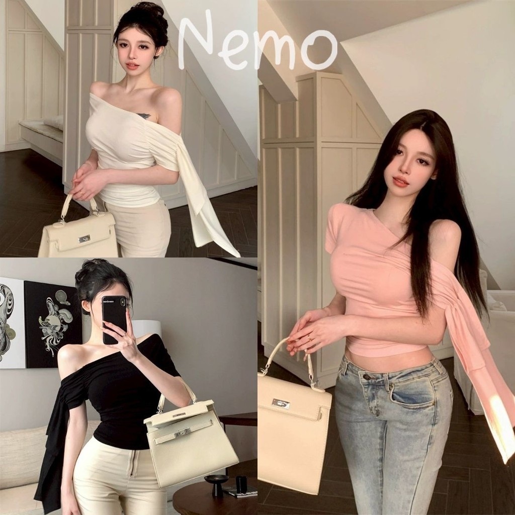 Nemo store #FY3131#1 เสื้อแขนสั้นเปิดไหล่ ผ้านิ่มสีพาสเทล ปลายแขนปล่อยเก๋ๆ