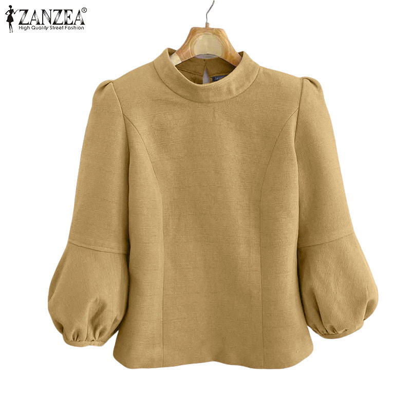 ZANZEA ซานเซีย ผู้หญิงเกาหลีลําลองคอตั้ง3/4แขนโคมไฟปุ่มด้านหลังเสื้อเบลาส์แข็ง