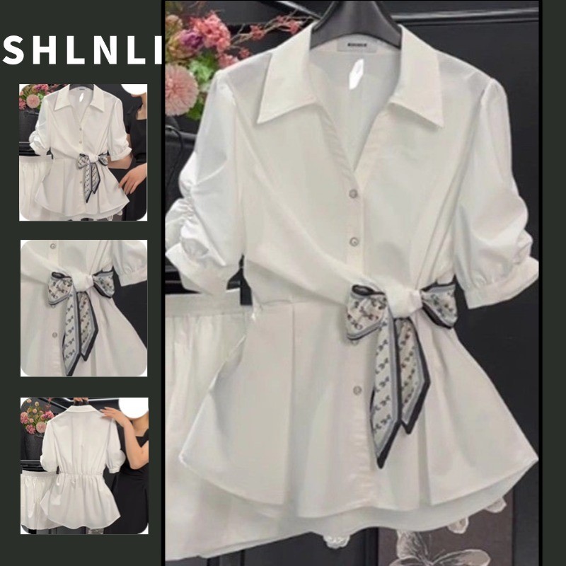 เสื้อชีฟองแขนสั้นสีขาวสำหรับฤดูร้อน ดีไซน์พันคอเอวcinching สวมใส่ง่ายและหลากหลายโอกาส