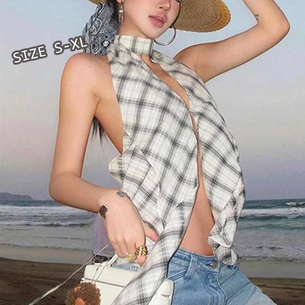 Chili Koko เสื้อกั๊ก Halterneck ลายสก๊อตสไตล์เกาหลี ดีไซน์ใหม่ คอวี แขนกุด เปลือยหลังยาว สายสปาเก็ตตี้ 99128