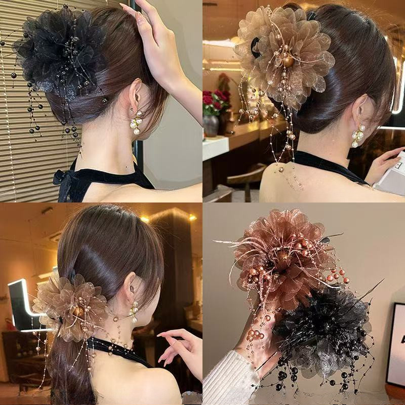 11ซม. คลิปดอกไม้ไข่มุกขนาดใหญ่สไตล์ฝรั่งเศส สำหรับผู้หญิงผมหนาสีดํา