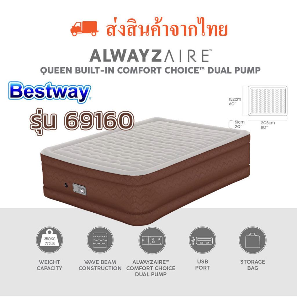 Bestway 69160 รุ่นใหม่ล่าสุด ที่นอนเป่าลม ขนาด 5 ฟุต เติมลมอัตโนมัติ Alwayzaire (รุ่นท็อป)