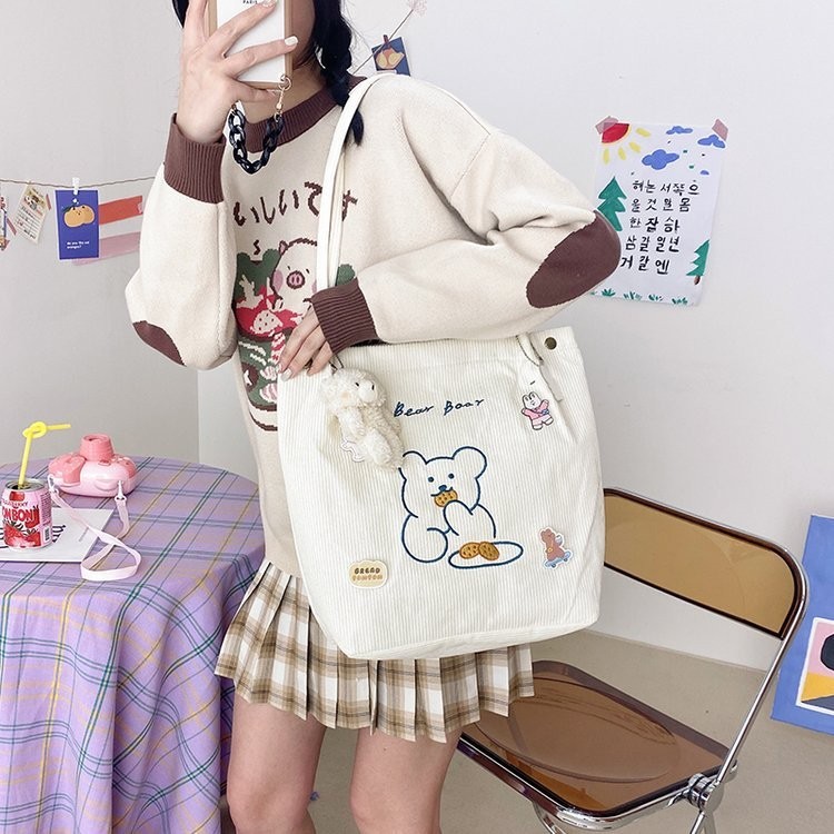 GITEN HC010 Bear Boat Corduroy Tote Bag กระเป๋าสะพายสตรี Bear Motif สไตล์เกาหลี กระเป๋าผ้าใบผู้หญิงม