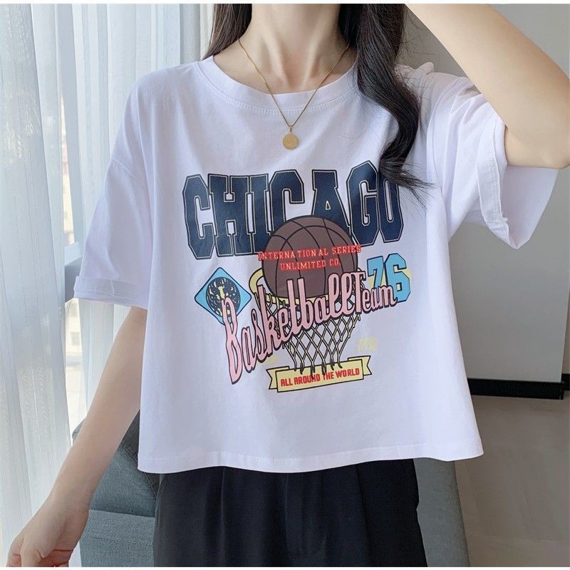 เสื้อยืดแขนสั้น ผ้าฝ้าย พิมพ์ลายลูกไม้น่ารัก สไตล์เกาหลี แฟชั่นใหม่ สําหรับผู้หญิง