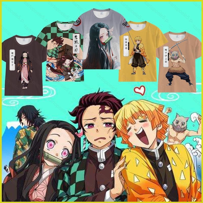 ST5 เสื้อยืดDemon Slayer แขนสั้นสำหรับคอสเพลย์ Tanjiro, Nezuko, Zenitsu