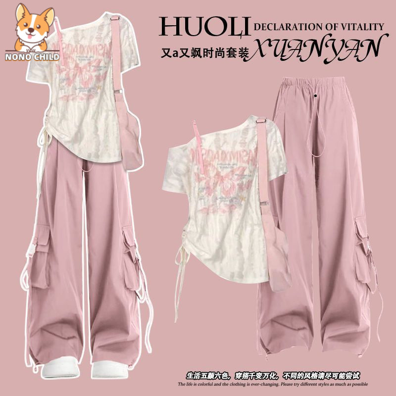 NONO Girls ชุดแขนสั้นฤดูร้อนใหม่ 2 ชิ้น (เสื้อด้านบนและกางเกง) สำหรับเด็กหญิงอายุ 3-12 ปี ชุดลำลอง