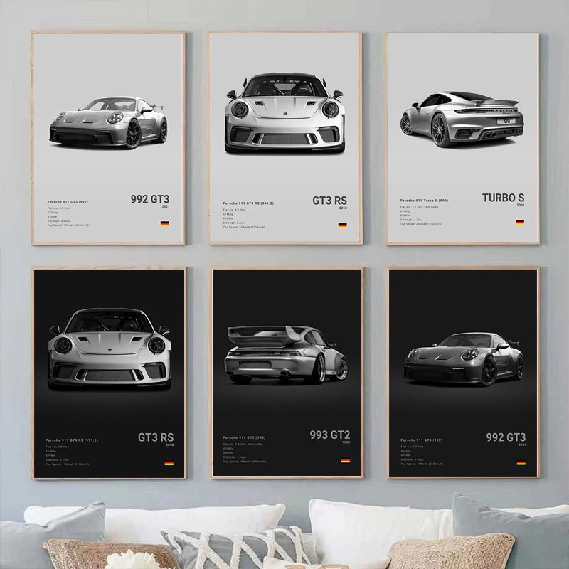 สีดําและสีขาวหรูหรากีฬารถโปสเตอร์ภาพวาดผนัง 911 GT3 อาร์เอส ภาพวาดผ้าใบโรงรถตกแต่งห้องผ้าใบภาพวาด