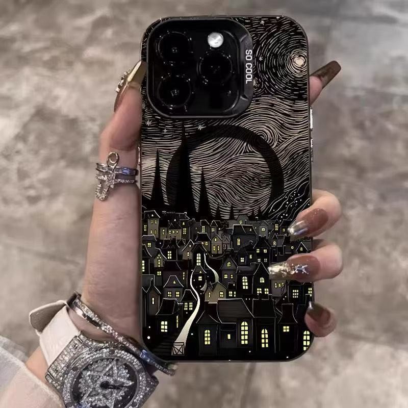 เหมาะสำหรับ iPhone11 12 13 14 16PRO เคสโทรศัพท์มือถือลายเมืองท้องฟ้าเต็มไปด้วยดวงดาวสุดสร้างสรรค์ วัสดุด้านป้องกันการตก