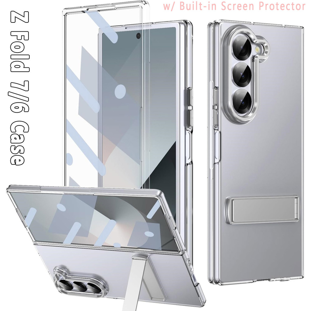 Samsung Galaxy Z Fold 7 6 Fold7 Fold6 Case with Kickstand, Crystal Clear Slim Case with Screen Prote
