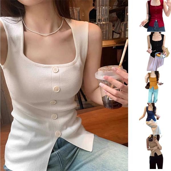 Red Berryเสื้อสเวตเตอร์แขนกุดทรงสลิมฟิตติดกระดุมแถวเดียวสำหรับผู้หญิงD403