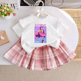 PINKชุดเซ็ทเด็ก2ชิ้น kpop demon hunterเสื้อแขนปีกนก+กระโปรงอัดพลีท