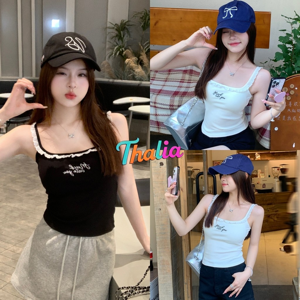 Thalia-เสื้อสายเดี่ยว มีฟองน้ำ ดีเทลปักลายตัวอักษรน่ารัก แขนกุด เสื้อกล้าม สัพาสเทล ใส่สบาย แฟชั่น สไตล์เกาหลี