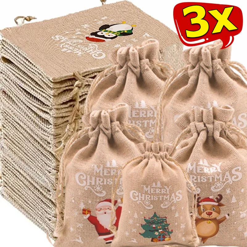 1/3ชิ้นคริสต์มาสผ้าลินินพิมพ์ถุงของขวัญ/คุกกี้ลูกอม เชือกรูด กระเป๋า/คริสต์มาสปีใหม่พรรคบรรจุภัณฑ์ถุงเก็บ