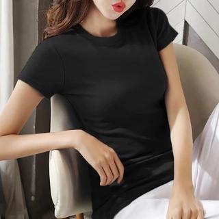 เสื้อยืดแขนสั้นผ้าฝ้าย ทรงสลิมฟิต สำหรับผู้หญิง คอกลม สีพื้น ท๊อป