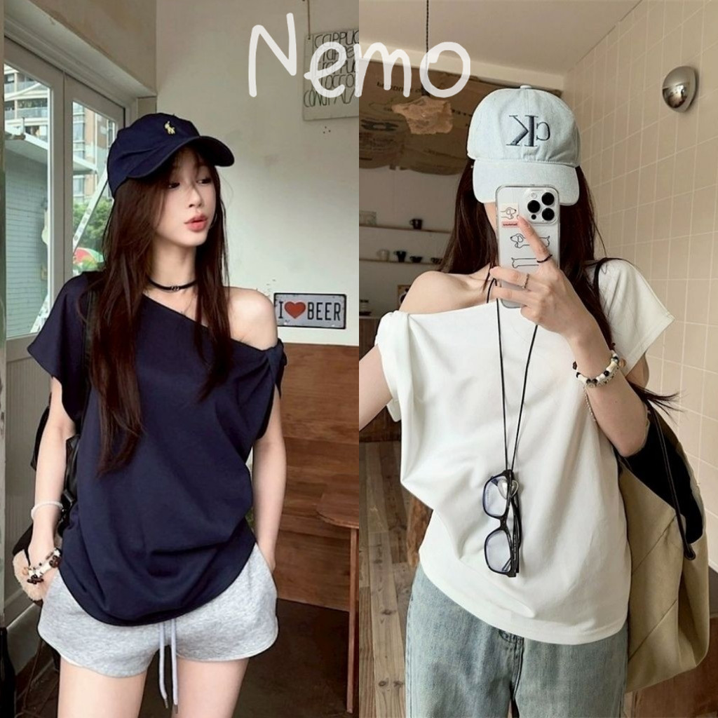 Nemo store🌸# FYP66 เสื้อเปิดไหล่ แขนสั้น สีพื้น ใส่สบาย ผ่านุ่มนิ่ม เท่ๆยืดกำลังดี เสื้อยืดผู้หญิงสีพื้น