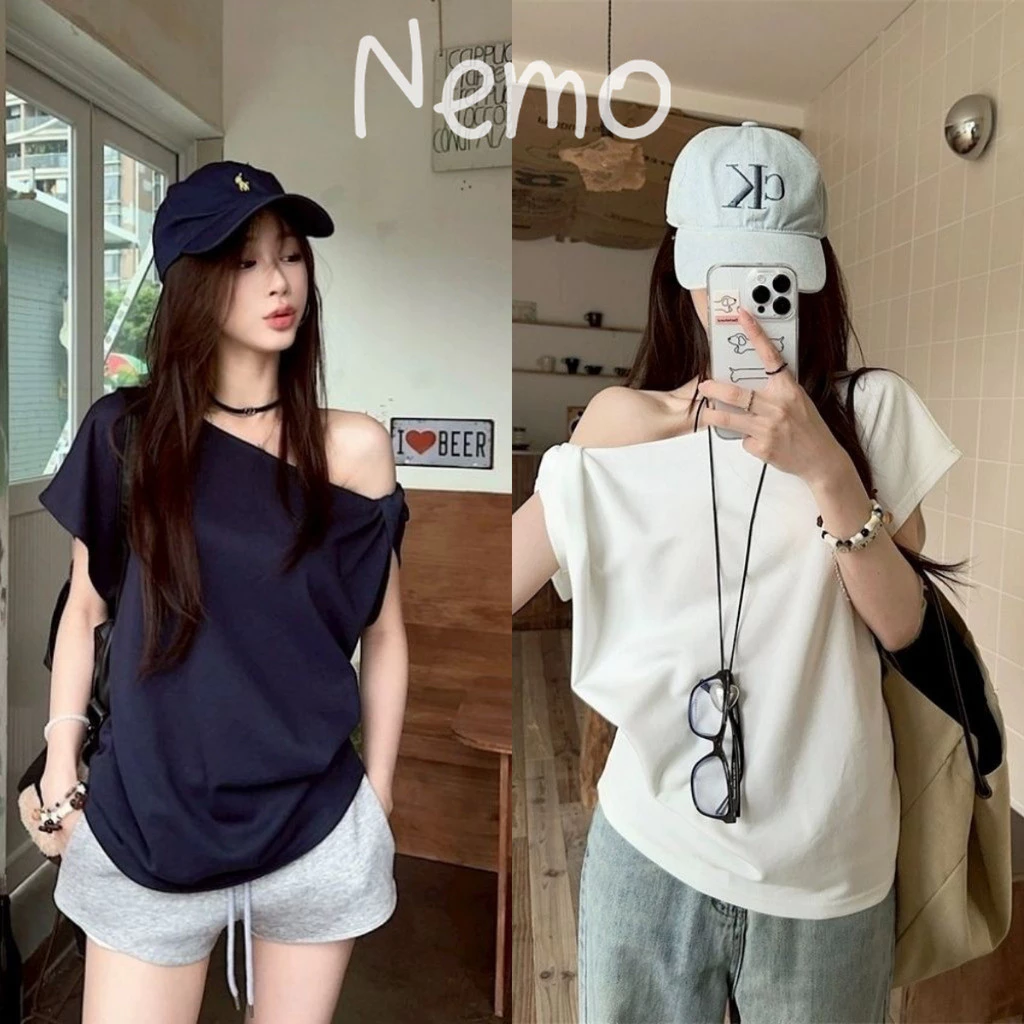 Nemo store🌸# FYP66 เสื้อเปิดไหล่ แขนสั้น สีพื้น ใส่สบาย ผ่านุ่มนิ่ม เท่ๆยืดกำลังดี เสื้อยืดผู้หญิงสีพื้น