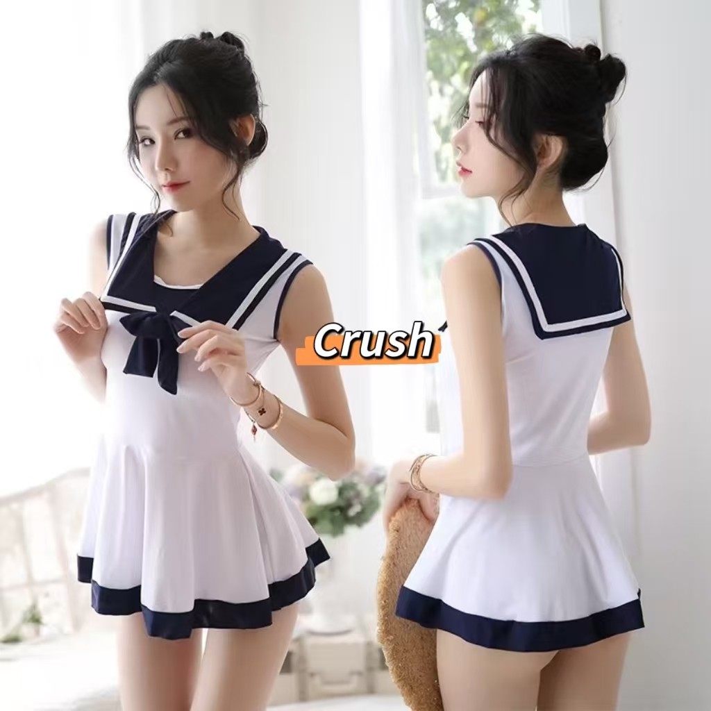 Crush💘 ชุดนักเรียนแขนกุดคอปกขาวน้ำเงินน่ารักๆผ้านิ่มใส่สบายๆน่าใส่มาก 🛒พร้อมส่งจากไทย (XFQ-1)