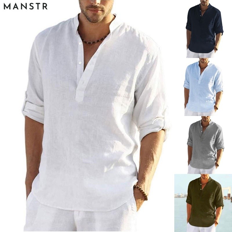 MANSTR เสื้อโปโลแขนยาวลําลอง ผ้าฝ้าย และผ้าลินิน ทรงหลวม มีกระดุมครึ่งแถว ขนาดใหญ่ สีขาว สีฟ้าอ่อน สีเขียว และสีดํา สําหรับผู้ชาย