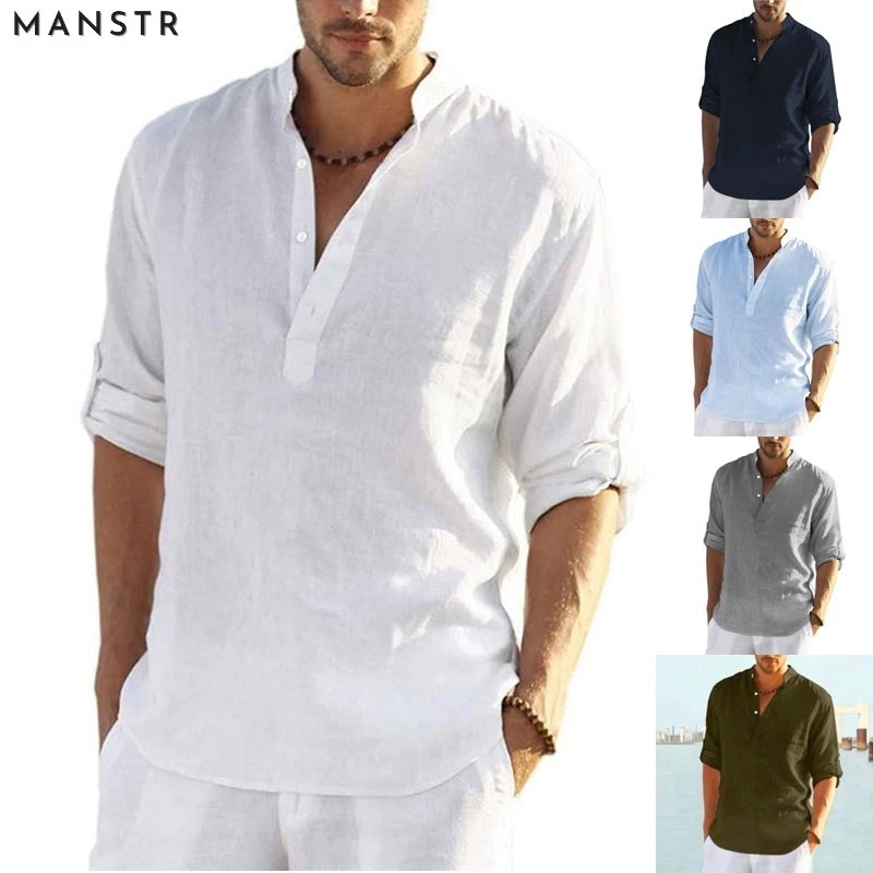 MANSTR เสื้อโปโลแขนยาวลําลอง ผ้าฝ้าย และผ้าลินิน ทรงหลวม มีกระดุมครึ่งแถว ขนาดใหญ่ สีขาว สีฟ้าอ่อน สีเขียว และสีดํา สําหรับผู้ชาย