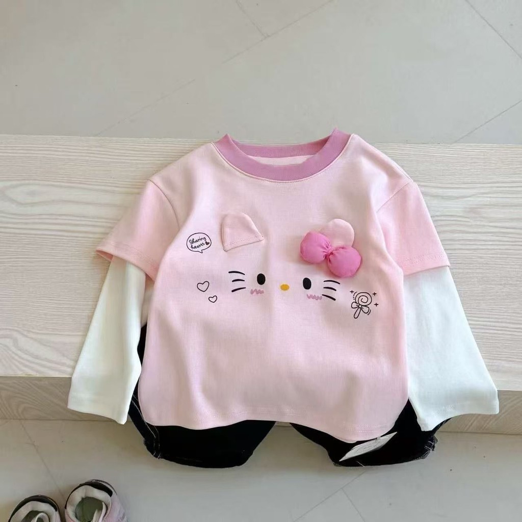 เสื้อยืดน่ารักแขนยาวสำหรับเด็กหญิง ลายการ์ตูนสีชมพู เหมาะกับฤดูใบไม้ผลิและใบไม้ร่วง
