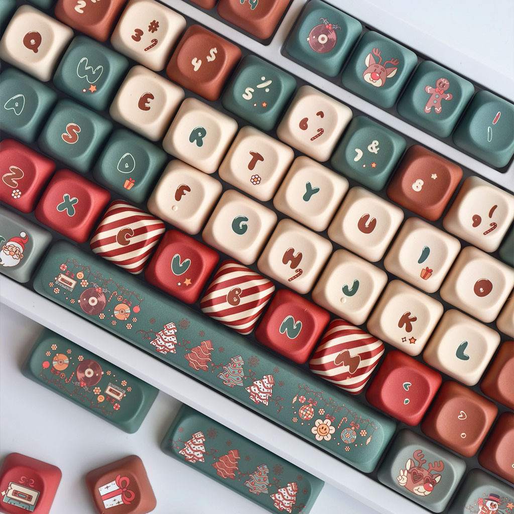 Merry Christmas Keycaps MOA โปรไฟล์ 130 คีย์ PBT Dye Sublimation Christmas Tree Elk Gingerbread Man Santa Keycap Aula F75 F99 RK100 Mechanical Keycaps การ์ตูนรอบ Keycaps
