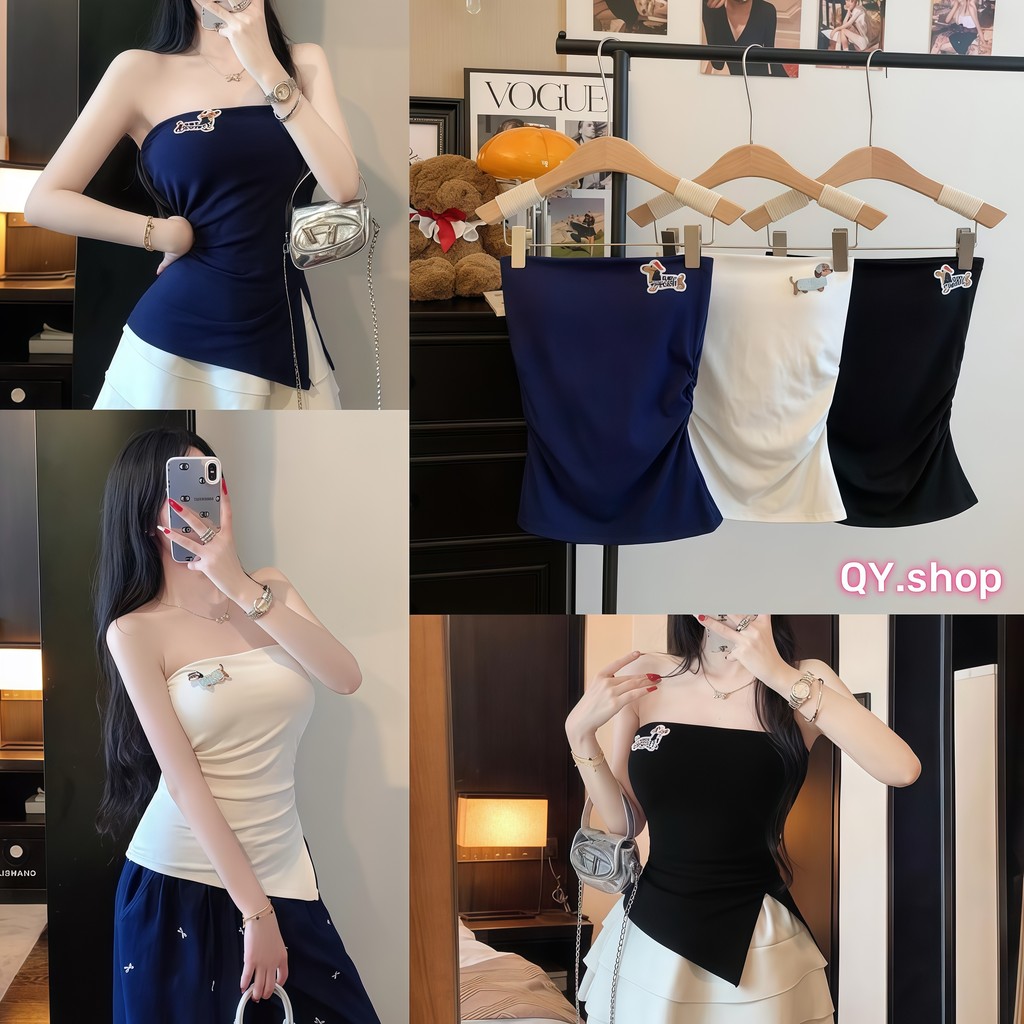 QY.Shop เกาะอก เซ็กซี่ สไตล์มินิมอลเกาหลี มีฟองน้ำเสริมในตัว มินิมอล ดีเทลน้องหมาตัวเล็กๆ "FY5560"