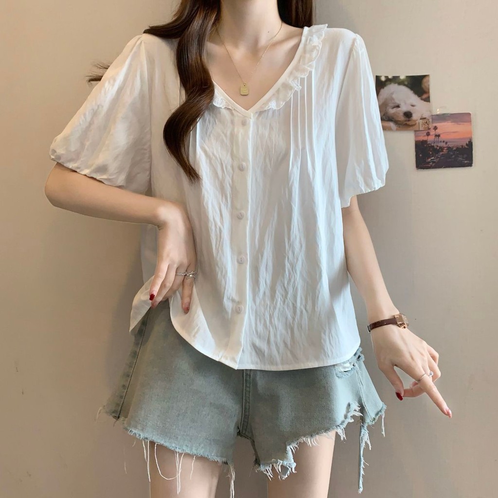 ส่งไวจากไทย⭐Summer⭐M-4XL   เสื้อชีฟองแขนสั้นผู้หญิงแขนสั้นเสื้อยืดสั้นด้านบนฤดูร้อนเวอร์ชั่นเกาหลีสุภาพสตรีสวยหลวม