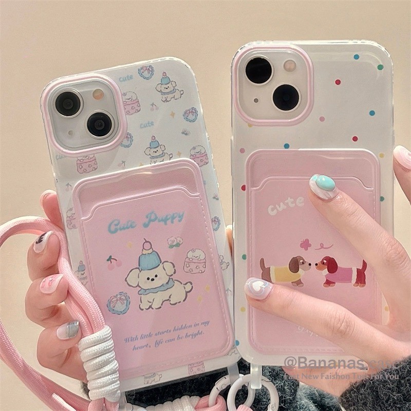 Iphone 15 14 13 12 11 Pro Max X Xr Xs Max 7 8 Plus SE2020 เคสโทรศัพท์การ์ตูนสีชมพูไส้กรอกสุนัข + Lanyardฝาครอบโทรศัพท์นุ่ม