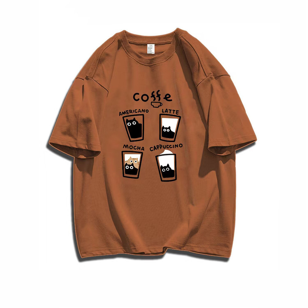 ฤดูร้อนใหม่เกาหลีอินเทรนด์หลวมแขนสั้นเสื้อยืดกาแฟแมวพิมพ์ ไม่จํากัดเพศ สไตล์ผู้หญิง สูงสุด