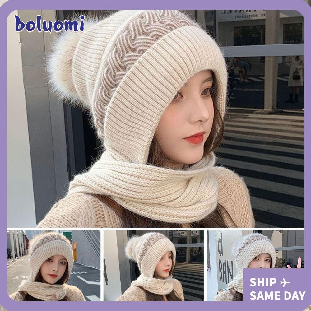 โบลูโอมิ หมวกบีนนี่ผ้าพันคอ,หนา กันลม แบบบูรณาการหมวกผ้าพันคอ,ฤดูหนาวนุ่มสบายๆถักป้องกันหูหมวกผู้หญิง