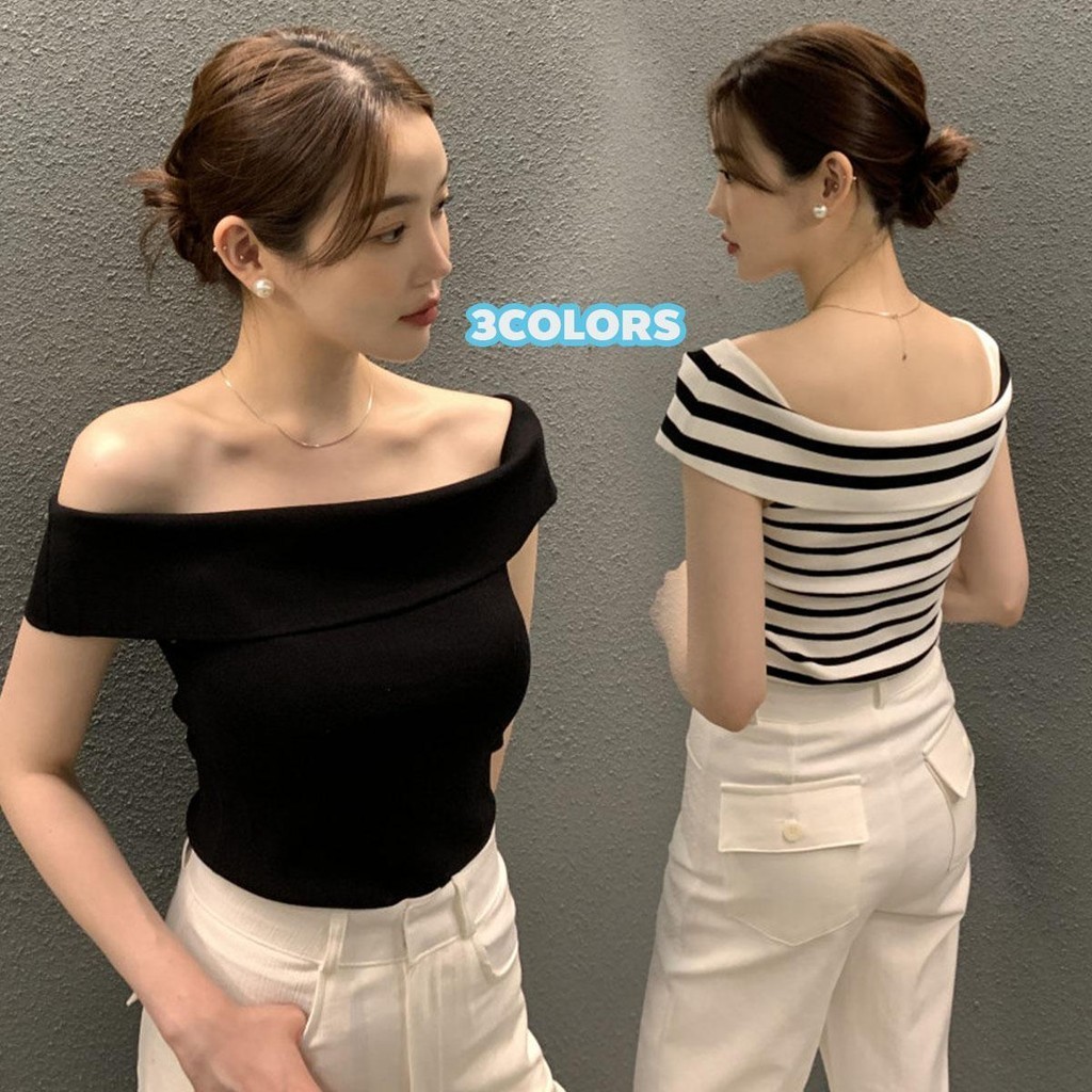 KOKO#เสื้อยืดไหมพรมเปิดไหล่สามสีเรียบง่าย ผ้ายืดตามตัวนุ่มนิ่มใส่สบาย เข้ากันกับทุกชุด-พร้อมส่งจากไทย#รุ่นH023
