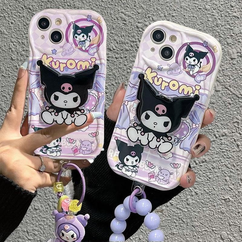 น่ารัก 3D Kuromi Bracket Holder เคสโทรศัพท์สําหรับ Samsung Galaxy A55 A54 A34 A24 A14 A15 5G A23 A04 A05 A05S ปลอกสร้อยข้อมือโซ่ซิลิโคนนุ่มฝาครอบใส