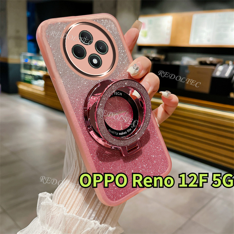 ปลอก OPPO Reno 12F 5G 2024 ออกแบบใหม่โปร่งใส Glitter Case OPPO Reno12 F Reno12F Reno 12 F 5G Gradient Bling ฝาครอบโทรศัพท์พร้อมขาตั้งแม่เหล็กผู้ถือ
