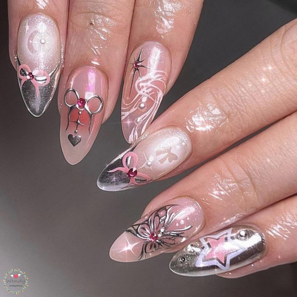 BLNAIL ล็บปลอม บลัชออนกดบนเล็บด้วยเล็บปลอมแบบใช้ซ้ําได้ Rhinestone Sweet & Charming