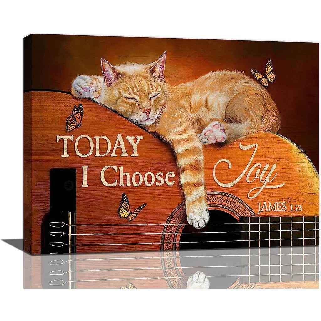 1 Piece Poster Rustic Cat Guitar Wall Art Today I Choose Joy Guitar Wall Decor Sleepy Cat Butterfly 
