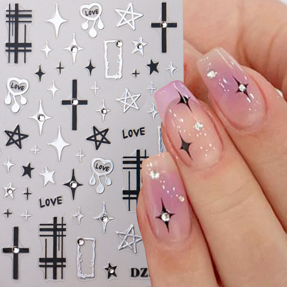 Y2k Star เล็บสติกเกอร์โลหะเงินไม่สม่ําเสมอ Star เล็บ Slider 3D สีดําลาย Rhinestones กาว Decals ตกแต่งเล็บ