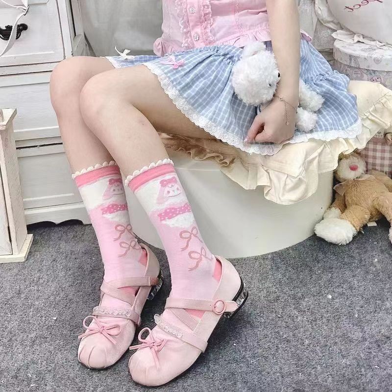 Original Lolita ถุงเท้าน่ารักหญิงสาวญี่ปุ่น jk สีชมพูหวานโบว์ถุงเท้ากลางหลอดนุ่มสาวเจ้าหญิงสไตล์