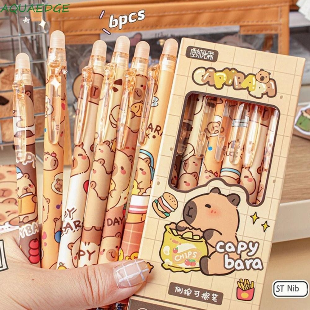 Aquaedge 6 ชิ้น Capybara ปากกาลบได้, หมึกสีฟ้าการ์ตูนน่ารักปากกาเขียน, Creative Kawaii ความงาม 0.5 มม.ปากกาเจล Office Supply