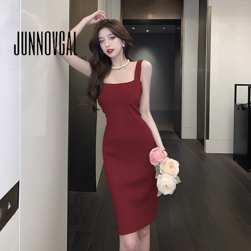 Junnovgal ผู้หญิง Midi Dress 2024 Knit Bodycon Halter แขนกุดสไตล์ใหม่ Nipped เอว