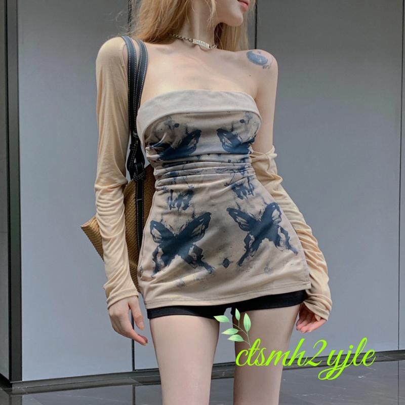 ผู้หญิง Tube Crop Tops กับ Shrug Grunge Buttfly พิมพ์ SLIM FIT เสื้อแขนกุด Backless VINTAGE Strapless TEE Streetwear