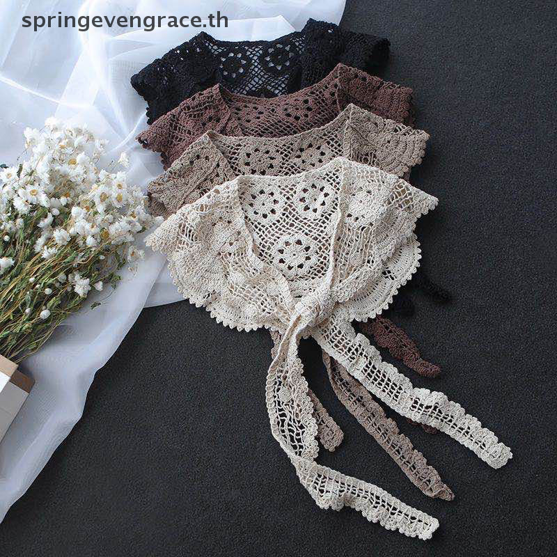 Springevengrace ลูกไม้ถักโครเชต์กลวงปกปลอมผู้หญิงผ้าคลุมไหล่ตกแต่งปกปลอมผู้หญิงเสื้อผ้าอุปกรณ์เสริมที่ถอดออกได้ปกใหม่