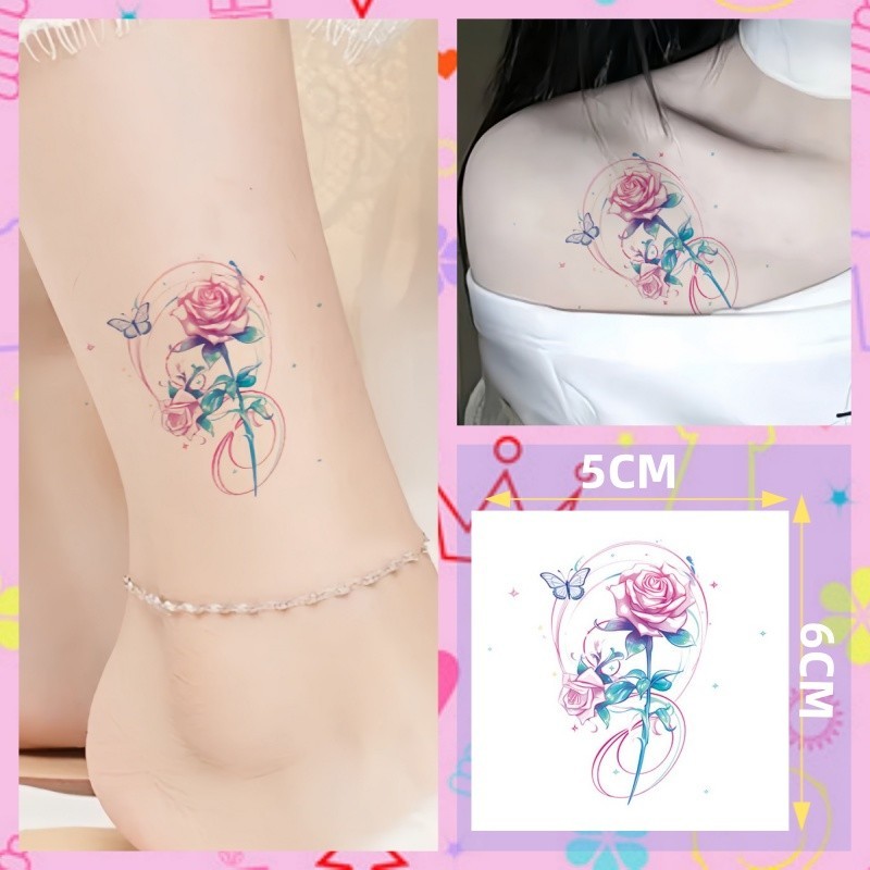 สีชมพูคริสตัลผีเสื้อลายสักน่ารักสาวขาสักสติกเกอร์กันน้ํายาวนาน7วันชั่วคราววันหยุดสัก