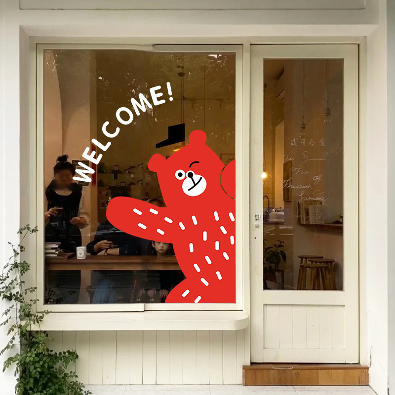 ชานมกาแฟร้านขนมยินดีต้อนรับสู่หมีสติกเกอร์ประตูกระจกเค้กเบเกอรี่ร้านตกแต่งสติกเกอร์ประตูกระจก
