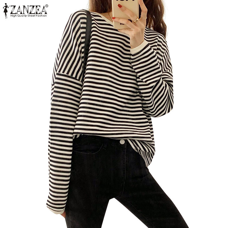 Zanzea เสื้อสเวตเตอร์แฟชั่นคอกลมแขนยาวลําลองลายทางสําหรับผู้หญิง