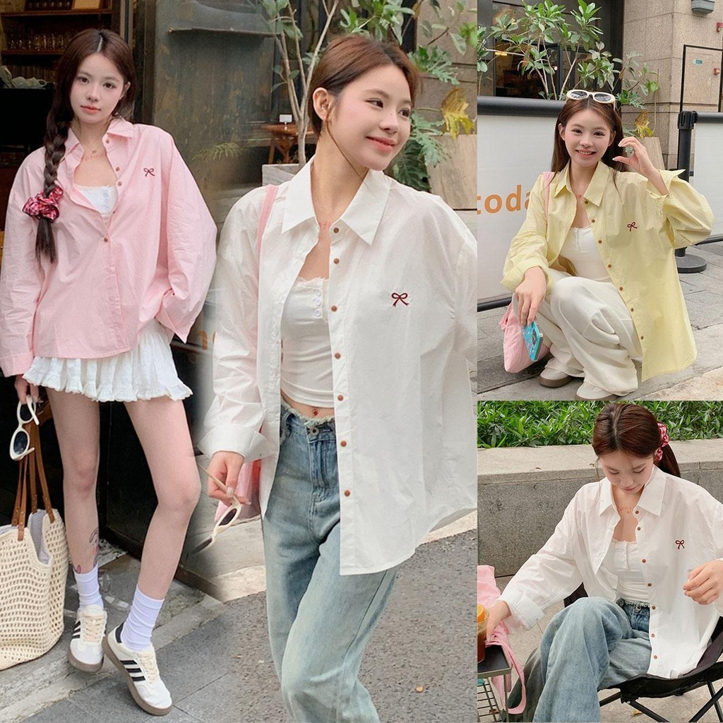 MIMI&DIDI#เสื้อเชิ้ตแขนยาวแฟชั่นผู้หญิง พิมพ์ หลวมและลำลอง ปักโบว์อเนกประสงค์สไตล์เกาหลี ดูดีกับเดรสและเสื้อกั๊ก#W417