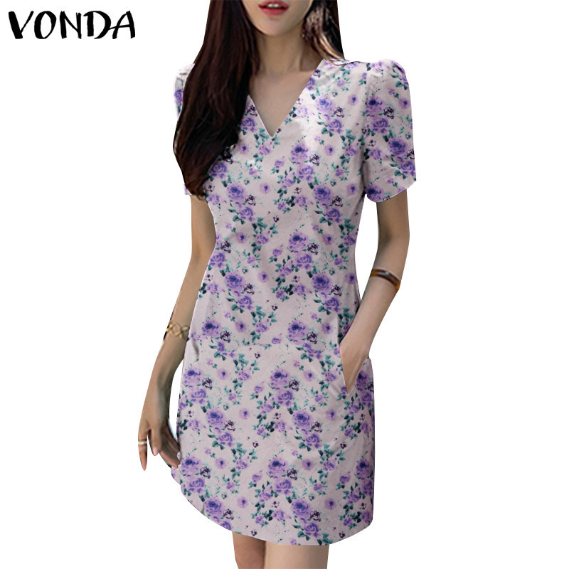 Vonda ผู้หญิงเกาหลีลําลองจีบพัฟแขนคอวี H-Line เดรสลายดอกไม้