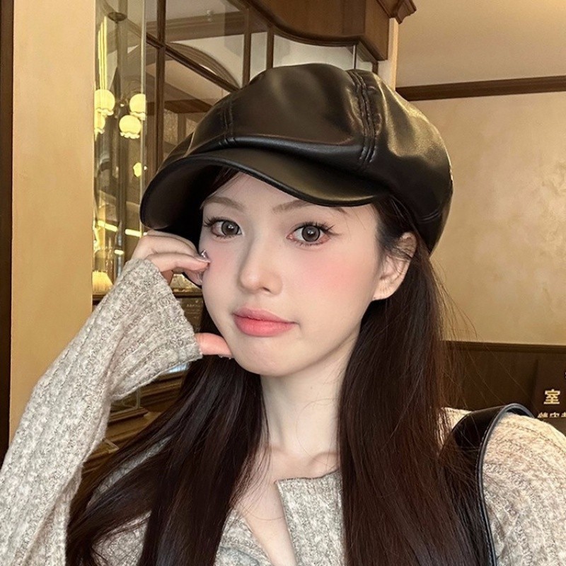 เกาหลีเกาหลีหนัง Beret หญิงแฟชั่น Newsboy หมวกสวยหมวกสีดํา