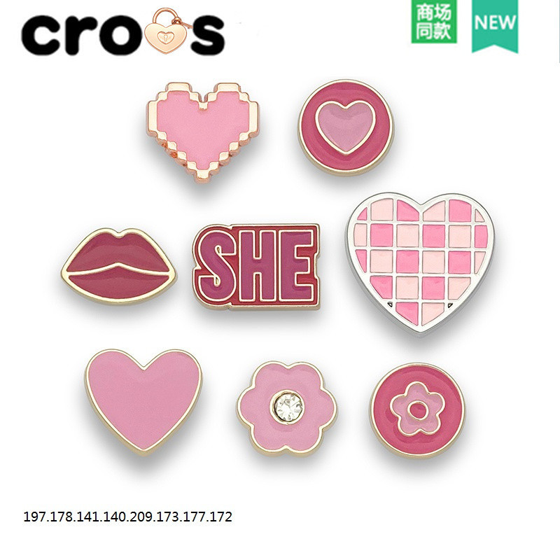 Jibbitz Crocs Charms จระเข้ รองเท้าดอกไม้อุปกรณ์เสริมรองเท้าหัวเข็มขัดโลหะรองเท้าดอกไม้ตกแต่ง,หัวใจสีชมพูที่ถอดออกได้
