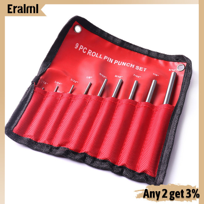 Eralml 9 ชิ้น Roll Pin Punch Set, Punch Tool พร้อมกระเป๋าแบบพกพา, เคล็ดลับทรงกลม, ซ่อมเครื่องมือ, ชุดหมัดพินสําหรับ