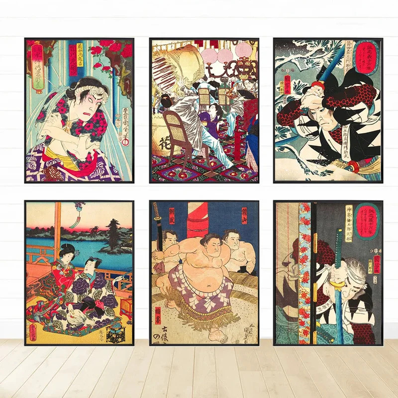 คลาสสิก Retro Aesthetics Wall Art ญี่ปุ่น Sumo Geisha Samurai HD น้ํามันบนผ้าใบโปสเตอร์และพิมพ์หน้าแรกตกแต่งห้องนอน
